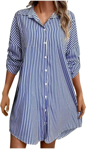 Women Trendy Summer Striped Dress Lapel Neck Long Sleeve Dress Button Loose Fit Midi Dress Casual Everyday Dress
