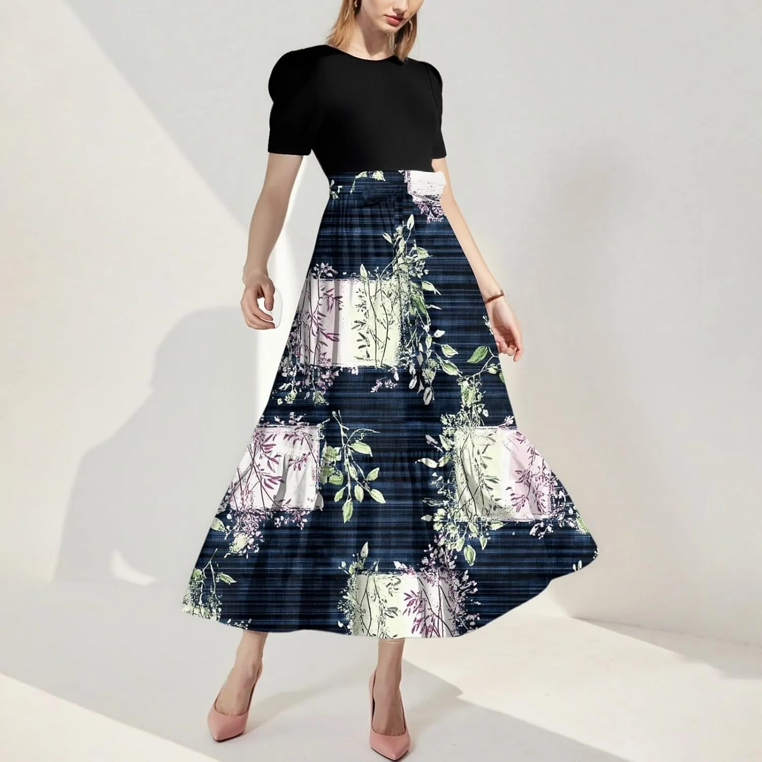 Women's 2025 Summer Floral Crew Neck Midi Dress Boho Short Sleeve High Waist Flowy Beach Vacation Dresses