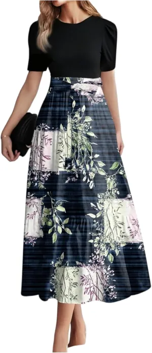 Women's 2025 Summer Floral Crew Neck Midi Dress Boho Short Sleeve High Waist Flowy Beach Vacation Dresses