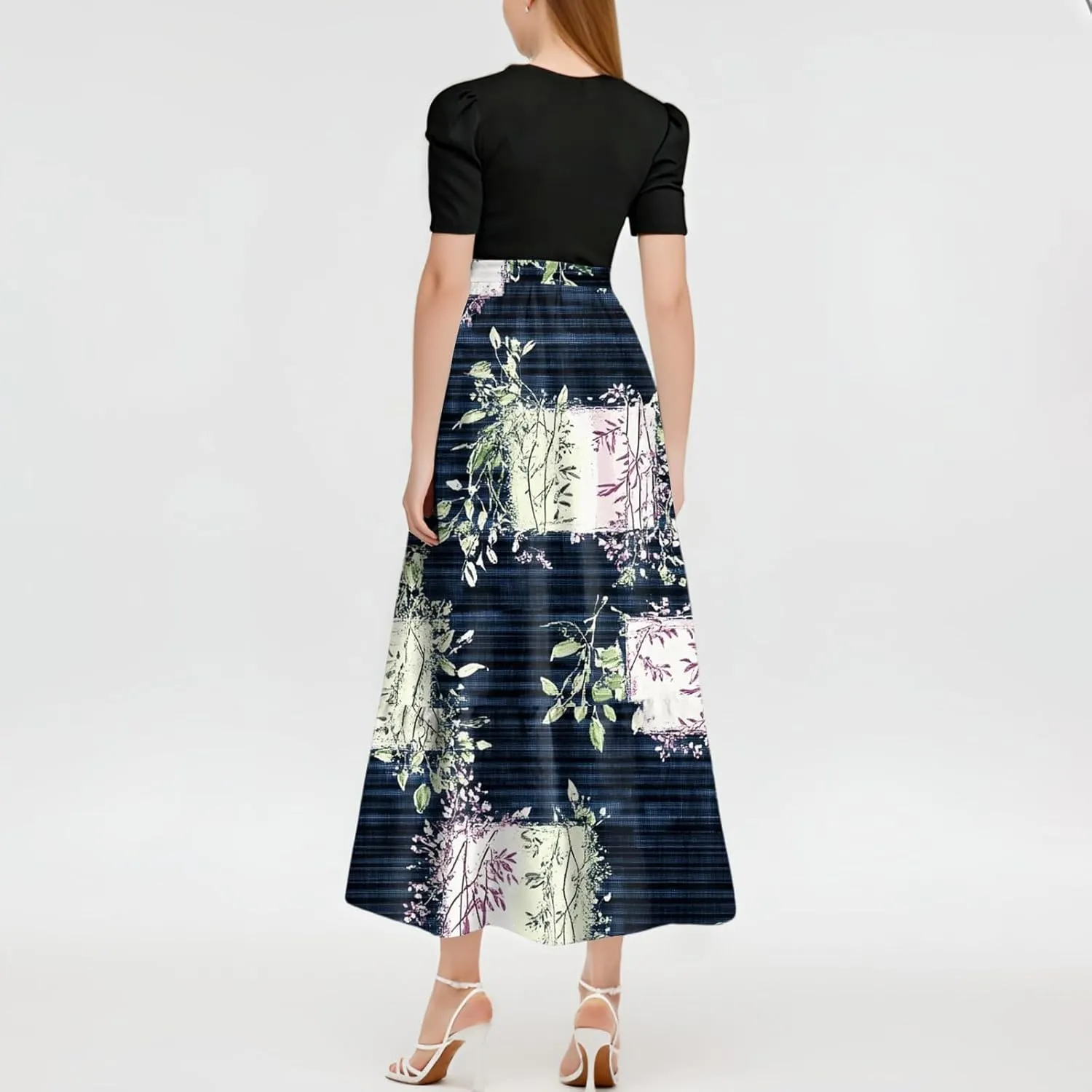 Women's 2025 Summer Floral Crew Neck Midi Dress Boho Short Sleeve High Waist Flowy Beach Vacation Dresses