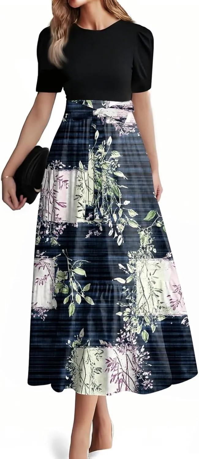 Women's 2025 Summer Floral Crew Neck Midi Dress Boho Short Sleeve High Waist Flowy Beach Vacation Dresses