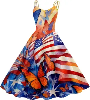 Womens American Flag Dresses USA Flag Stars Stripes Midi 4th of July Dress 50s Swing A-Line Elegant Cocktail Sundress