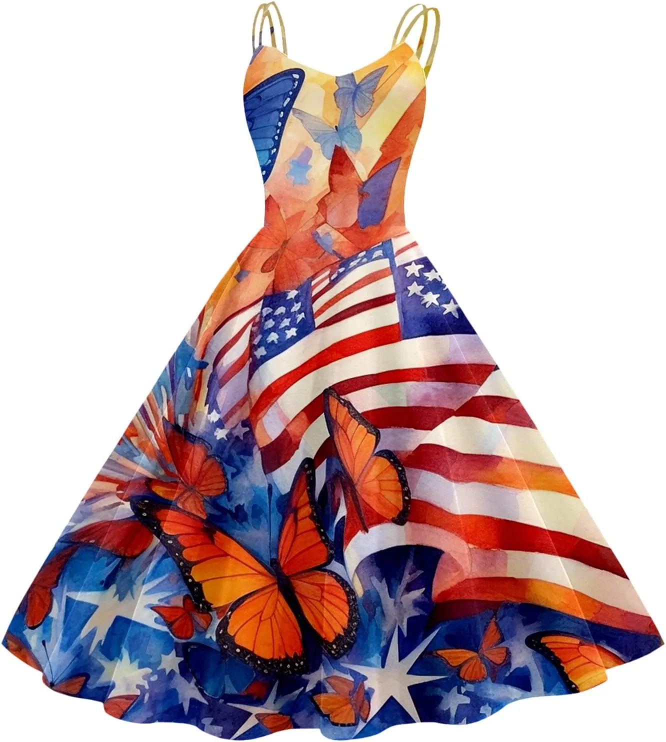 Womens American Flag Dresses USA Flag Stars Stripes Midi 4th of July Dress 50s Swing A-Line Elegant Cocktail Sundress