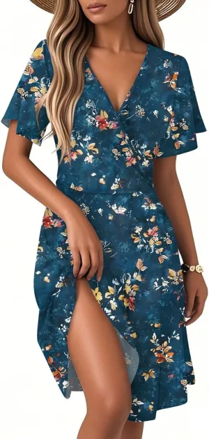 Women's Boho Floral Knee Length Summer Sundresses, V-Neck Short Sleeve High Waist Loose Fit Casual Beach Dress