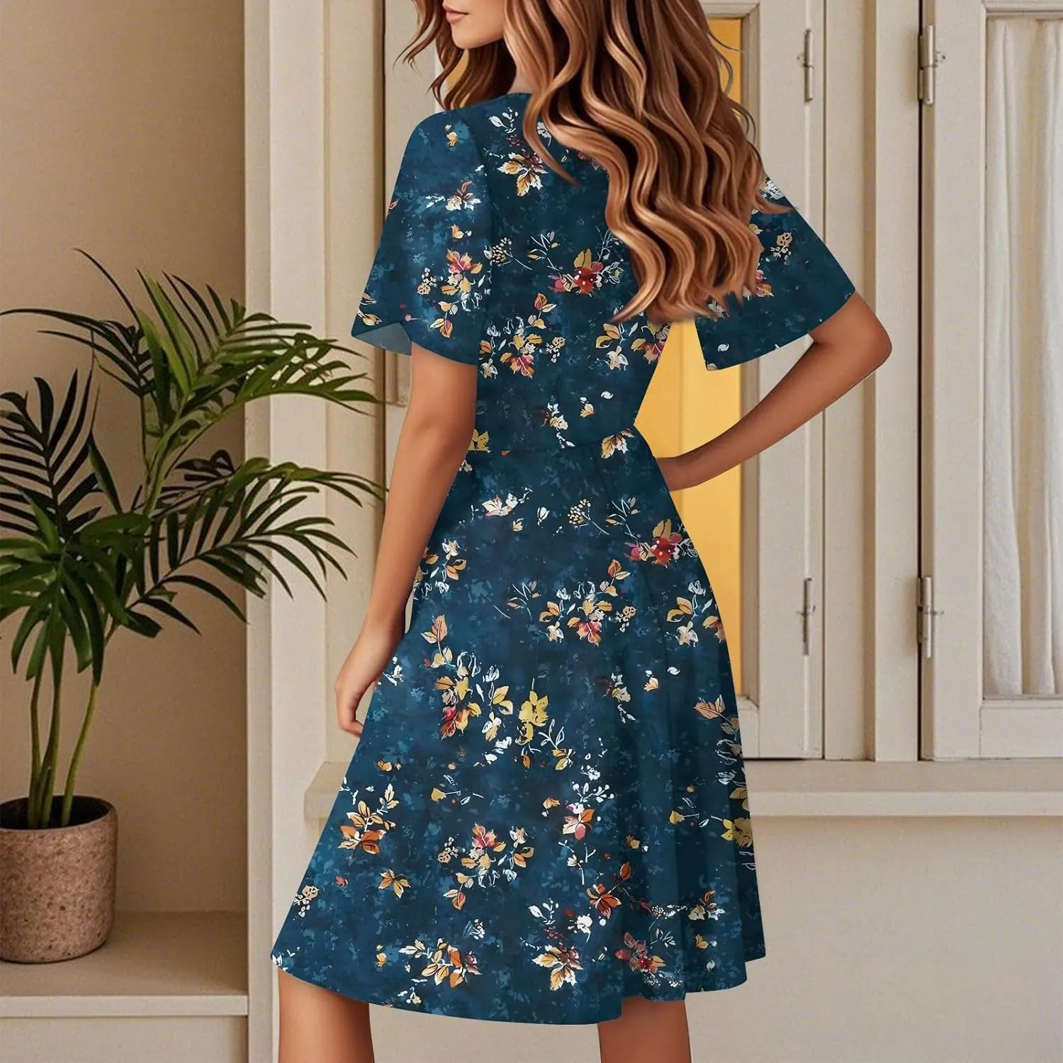 Women's Boho Floral Knee Length Summer Sundresses, V-Neck Short Sleeve High Waist Loose Fit Casual Beach Dress