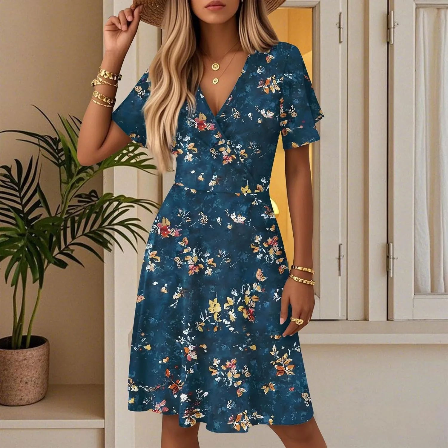 Women's Boho Floral Knee Length Summer Sundresses, V-Neck Short Sleeve High Waist Loose Fit Casual Beach Dress