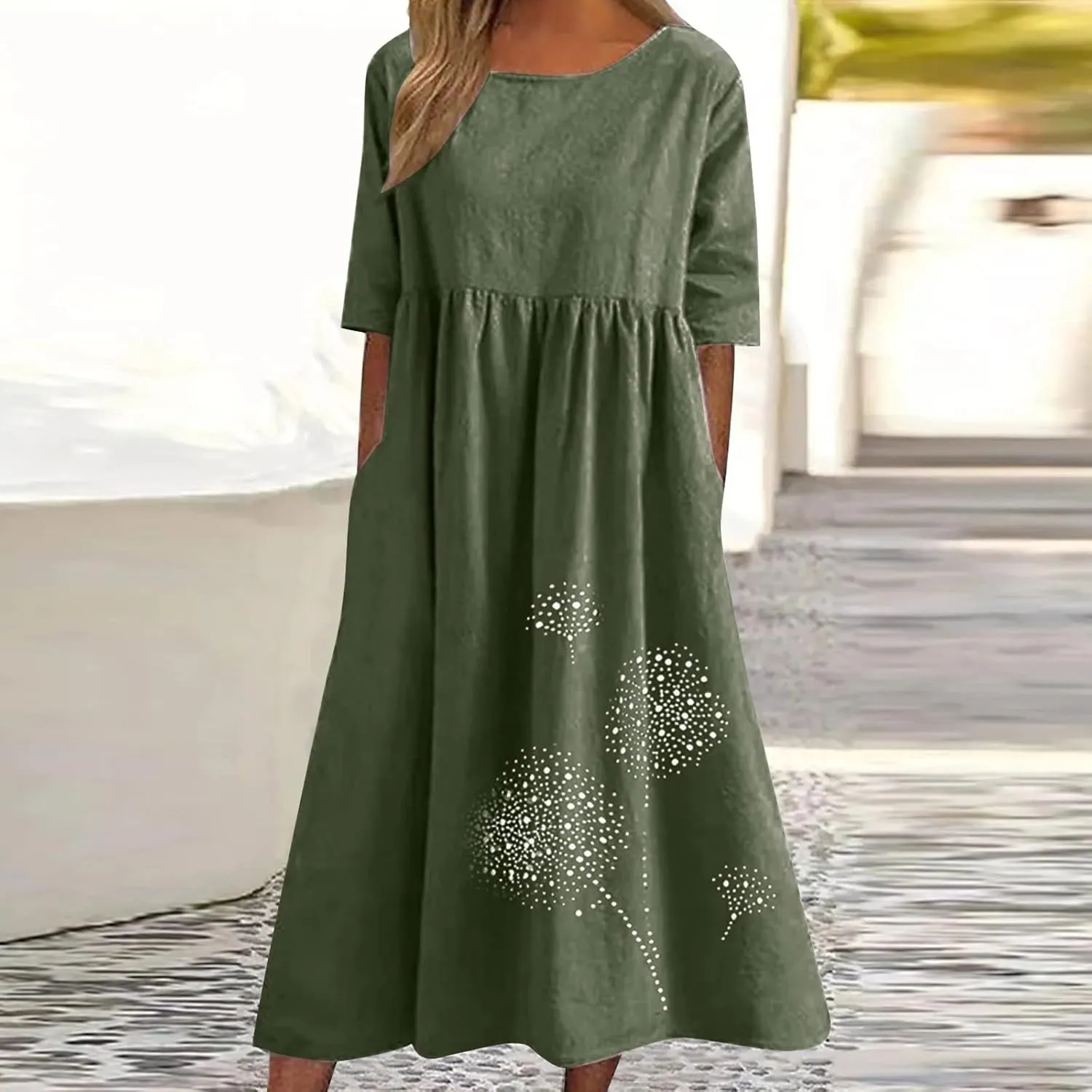 Women's Cotton Linen Short Sleeve Tshirt Dress Dandelion Print Casual Plus Size Midi Dresses Beach Dress with Pockets