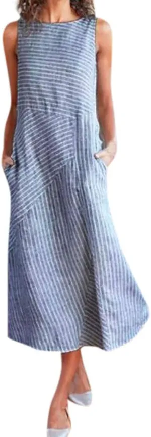 Women's Cotton Linen Sleeveless Midi Dress Striped Print Tank Dresses Flowy Casual Beach Long Sundress with Pocket