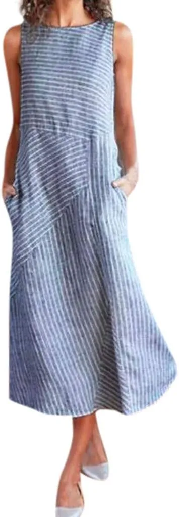 Women's Cotton Linen Sleeveless Midi Dress Striped Print Tank Dresses Flowy Casual Beach Long Sundress with Pocket