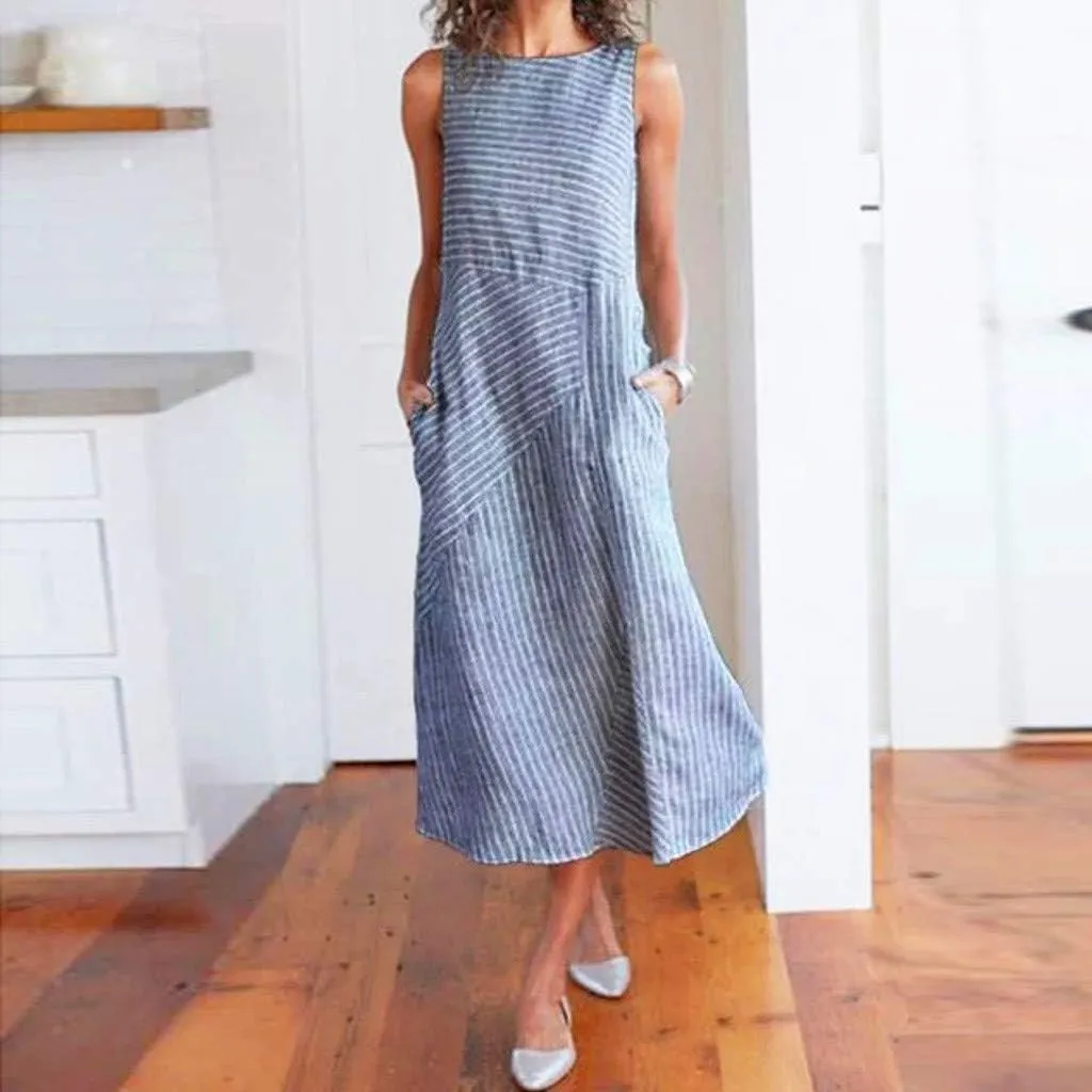 Women's Cotton Linen Sleeveless Midi Dress Striped Print Tank Dresses Flowy Casual Beach Long Sundress with Pocket