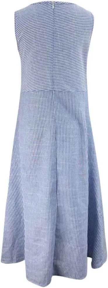 Women's Cotton Linen Sleeveless Midi Dress Striped Print Tank Dresses Flowy Casual Beach Long Sundress with Pocket