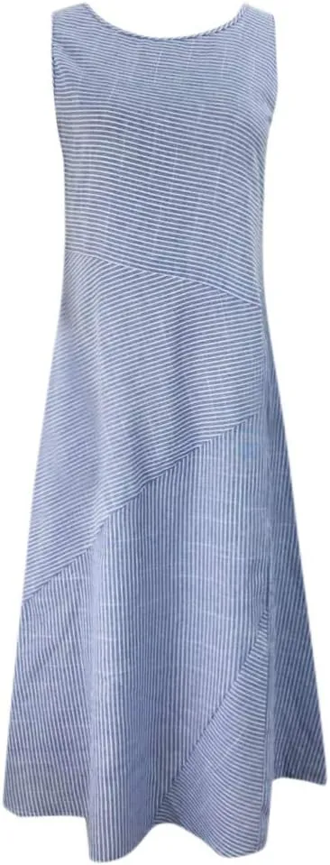 Women's Cotton Linen Sleeveless Midi Dress Striped Print Tank Dresses Flowy Casual Beach Long Sundress with Pocket