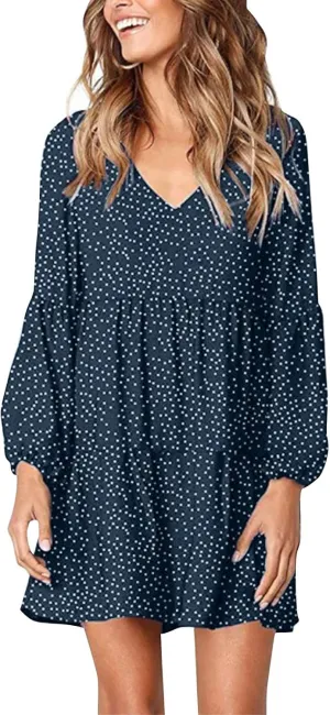 Womens Dresses Solid Long Lantern Sleeve Dresses V-Neck Ruffle Pleated Hem Dresses Loose Fashion Dress Vintage Dress