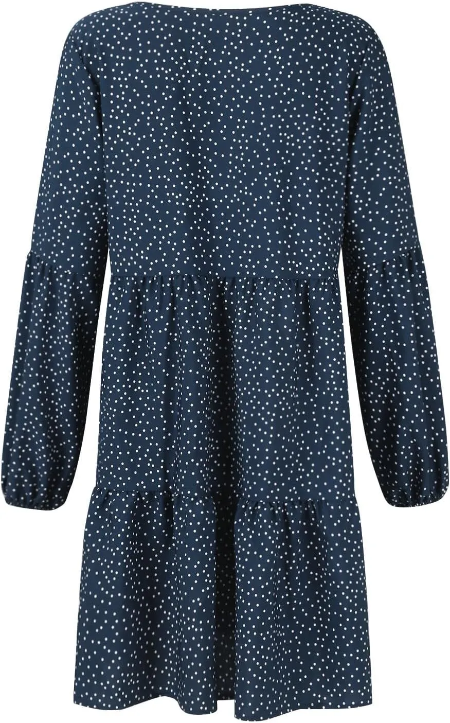 Womens Dresses Solid Long Lantern Sleeve Dresses V-Neck Ruffle Pleated Hem Dresses Loose Fashion Dress Vintage Dress
