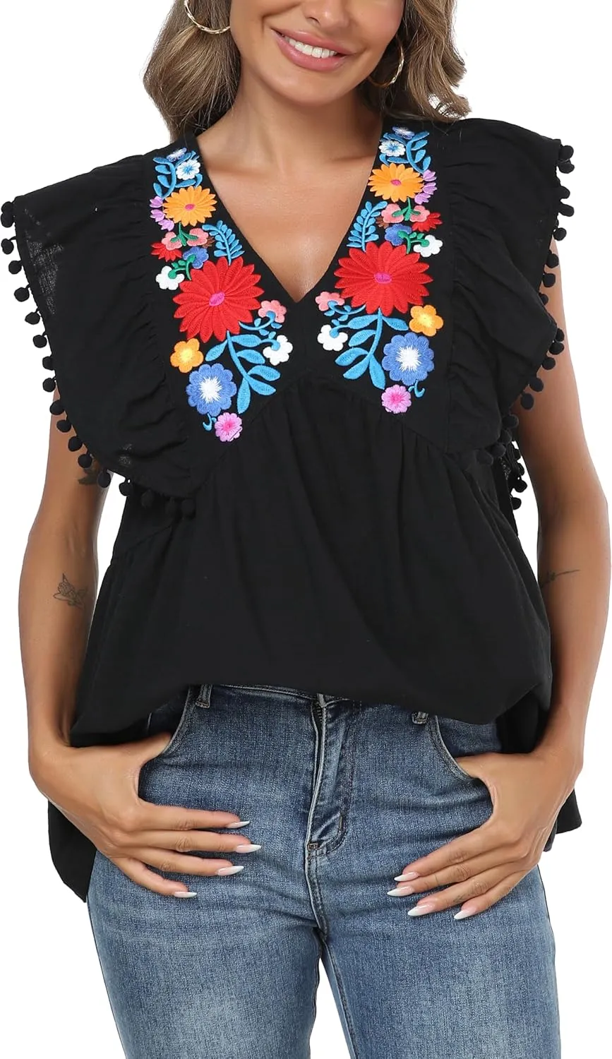 Women's Embroidered Floral Tops Peasant Blouses V Neck Ruffle Cap Sleeve Boho Summer Tops