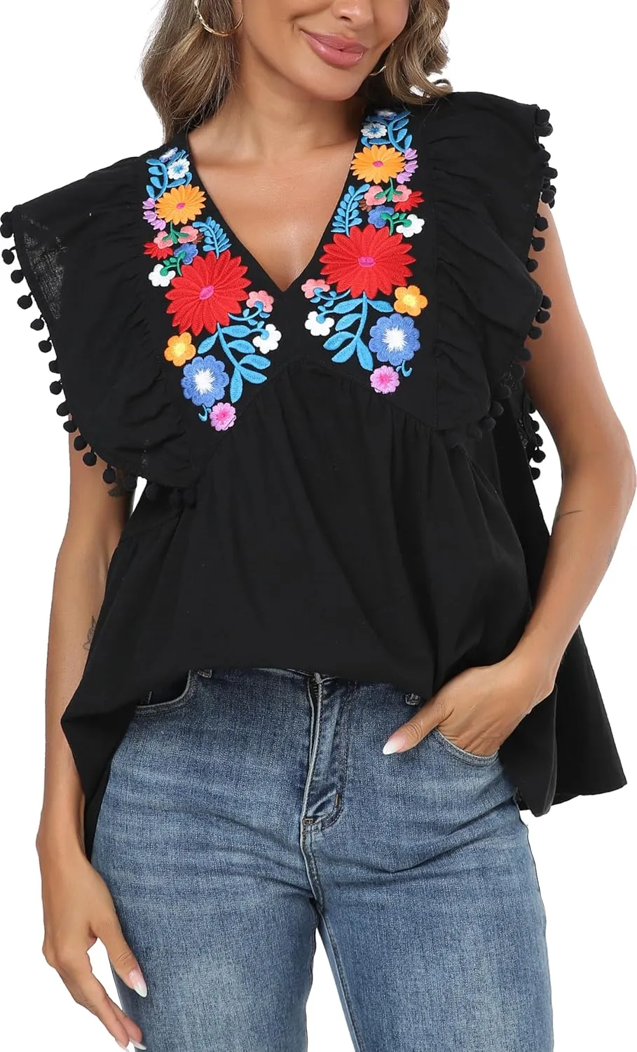 Women's Embroidered Floral Tops Peasant Blouses V Neck Ruffle Cap Sleeve Boho Summer Tops