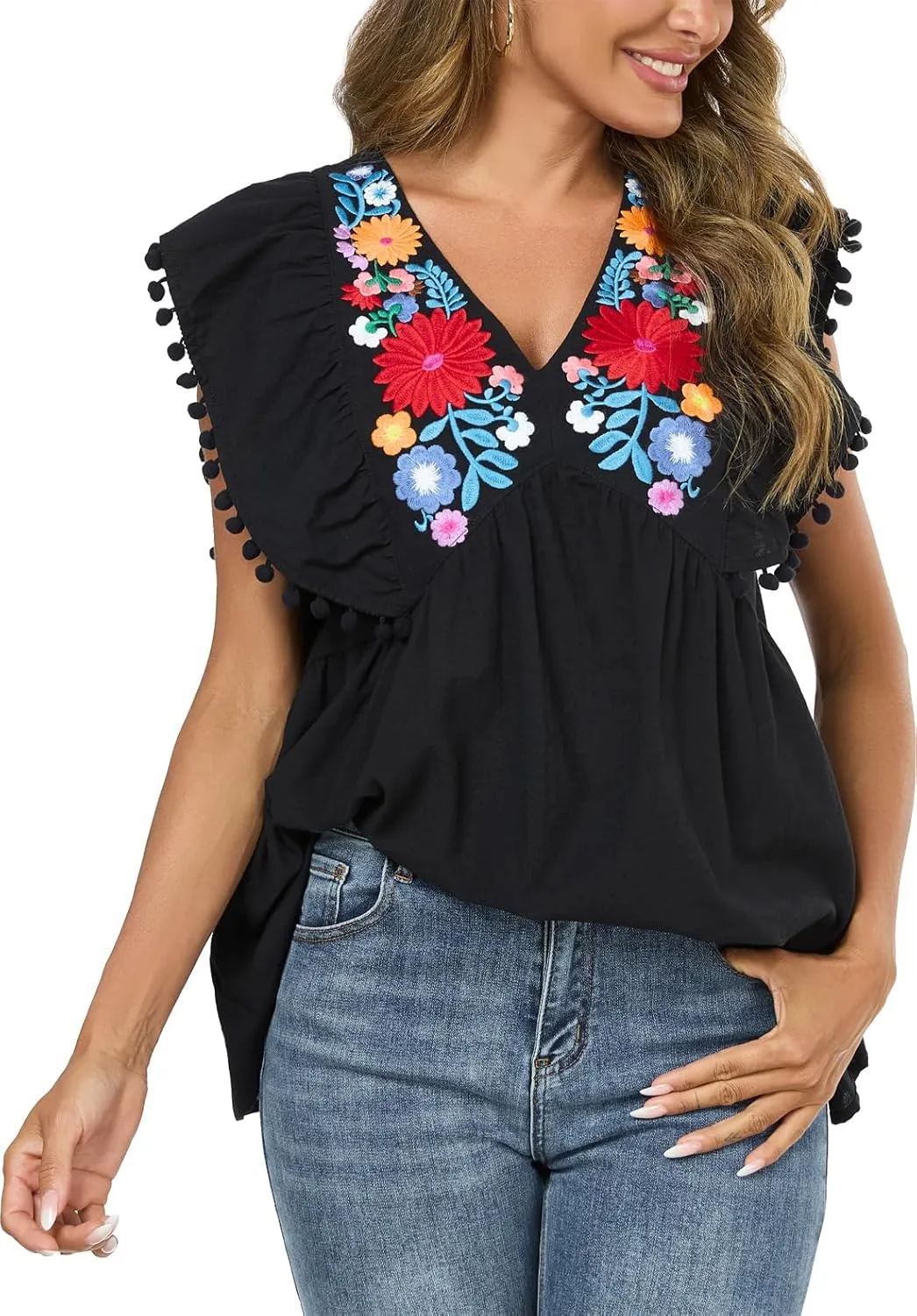 Women's Embroidered Floral Tops Peasant Blouses V Neck Ruffle Cap Sleeve Boho Summer Tops