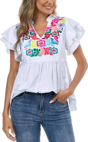 Women's Embroidered Floral Tops Peasant Blouses V Neck Ruffle Cap Sleeve Boho Summer Tops