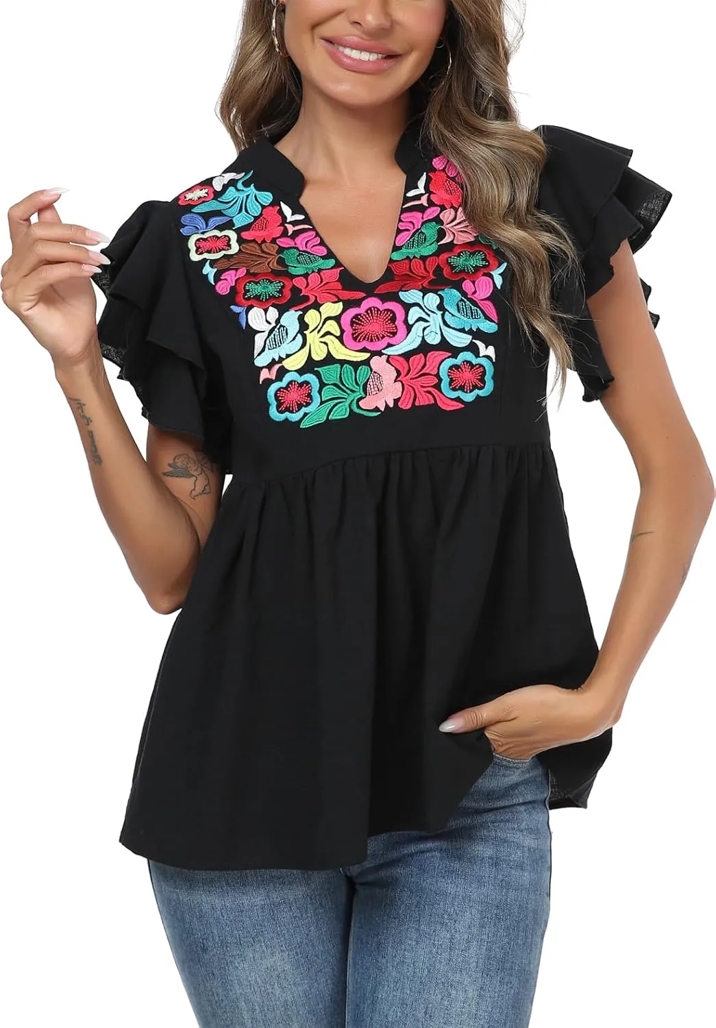Women's Embroidered Floral Tops Peasant Blouses V Neck Ruffle Cap Sleeve Boho Summer Tops