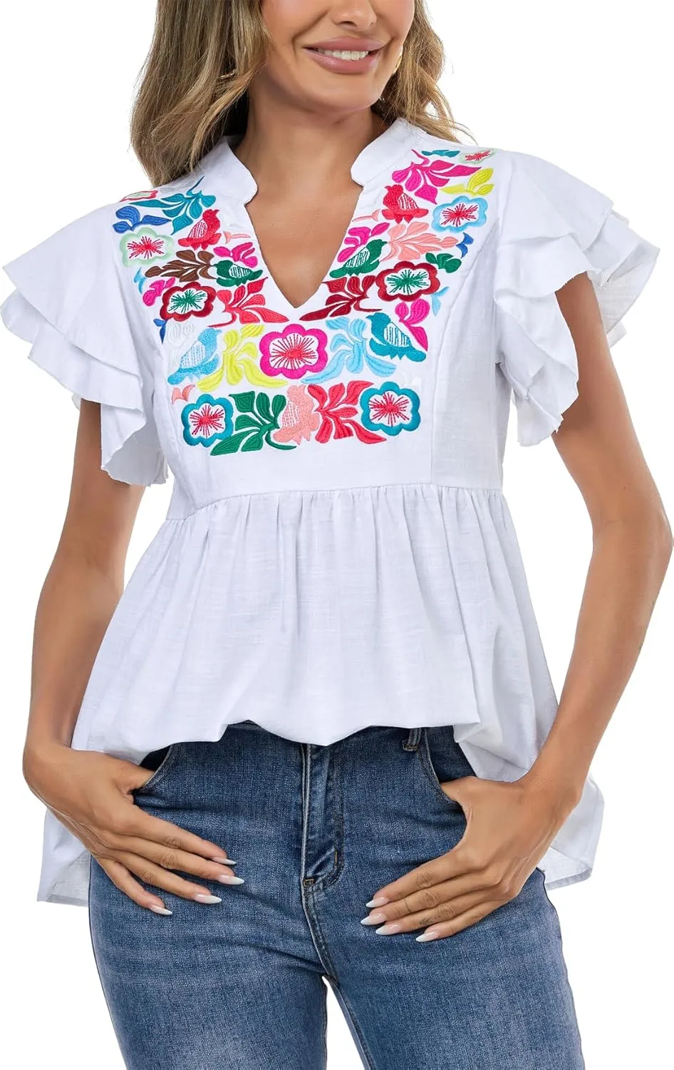 Women's Embroidered Floral Tops Peasant Blouses V Neck Ruffle Cap Sleeve Boho Summer Tops