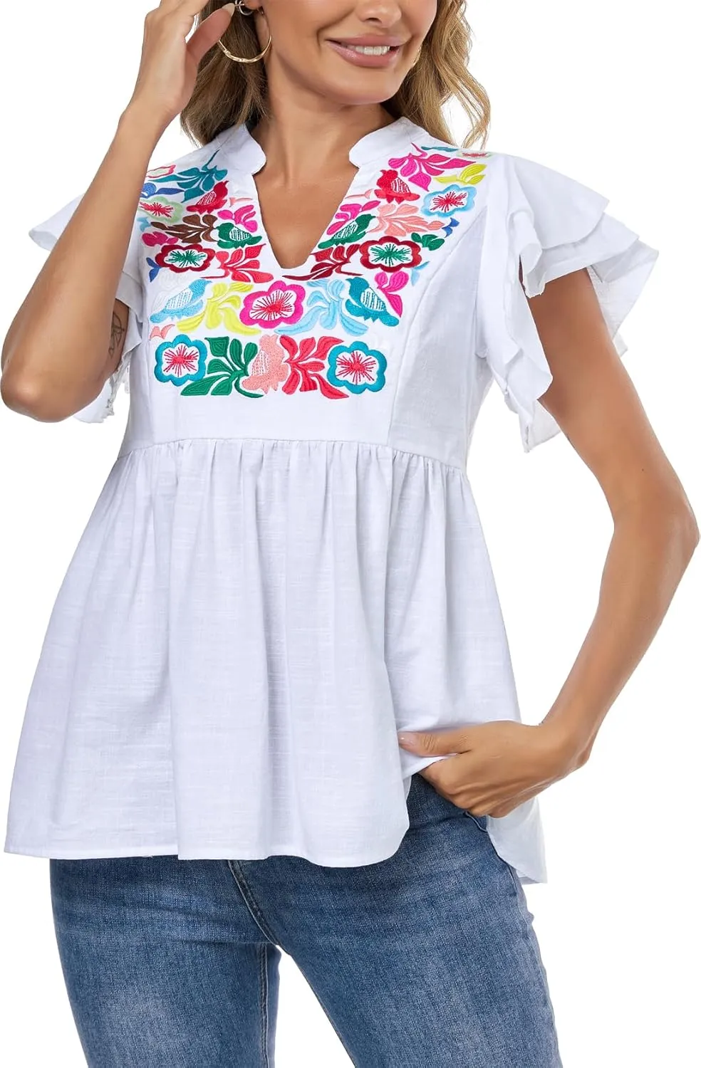 Women's Embroidered Floral Tops Peasant Blouses V Neck Ruffle Cap Sleeve Boho Summer Tops
