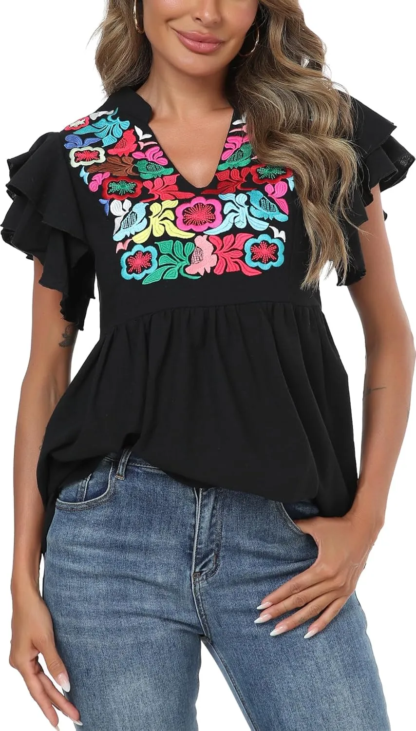 Women's Embroidered Floral Tops Peasant Blouses V Neck Ruffle Cap Sleeve Boho Summer Tops