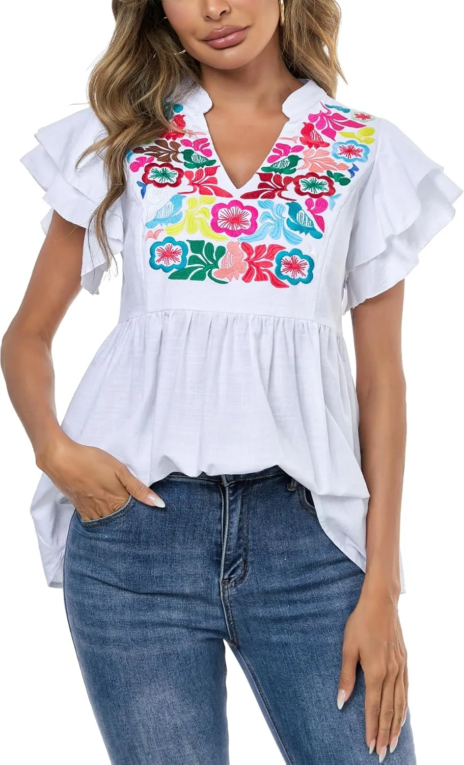 Women's Embroidered Floral Tops Peasant Blouses V Neck Ruffle Cap Sleeve Boho Summer Tops