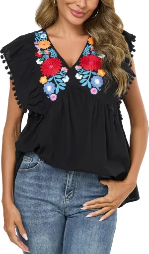 Women's Embroidered Floral Tops Peasant Blouses V Neck Ruffle Cap Sleeve Boho Summer Tops