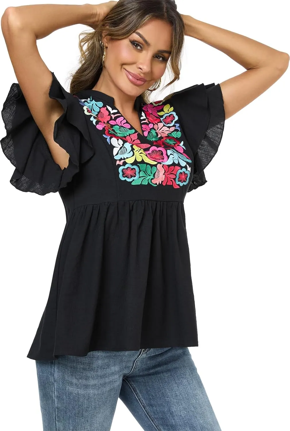 Women's Embroidered Floral Tops Peasant Blouses V Neck Ruffle Cap Sleeve Boho Summer Tops