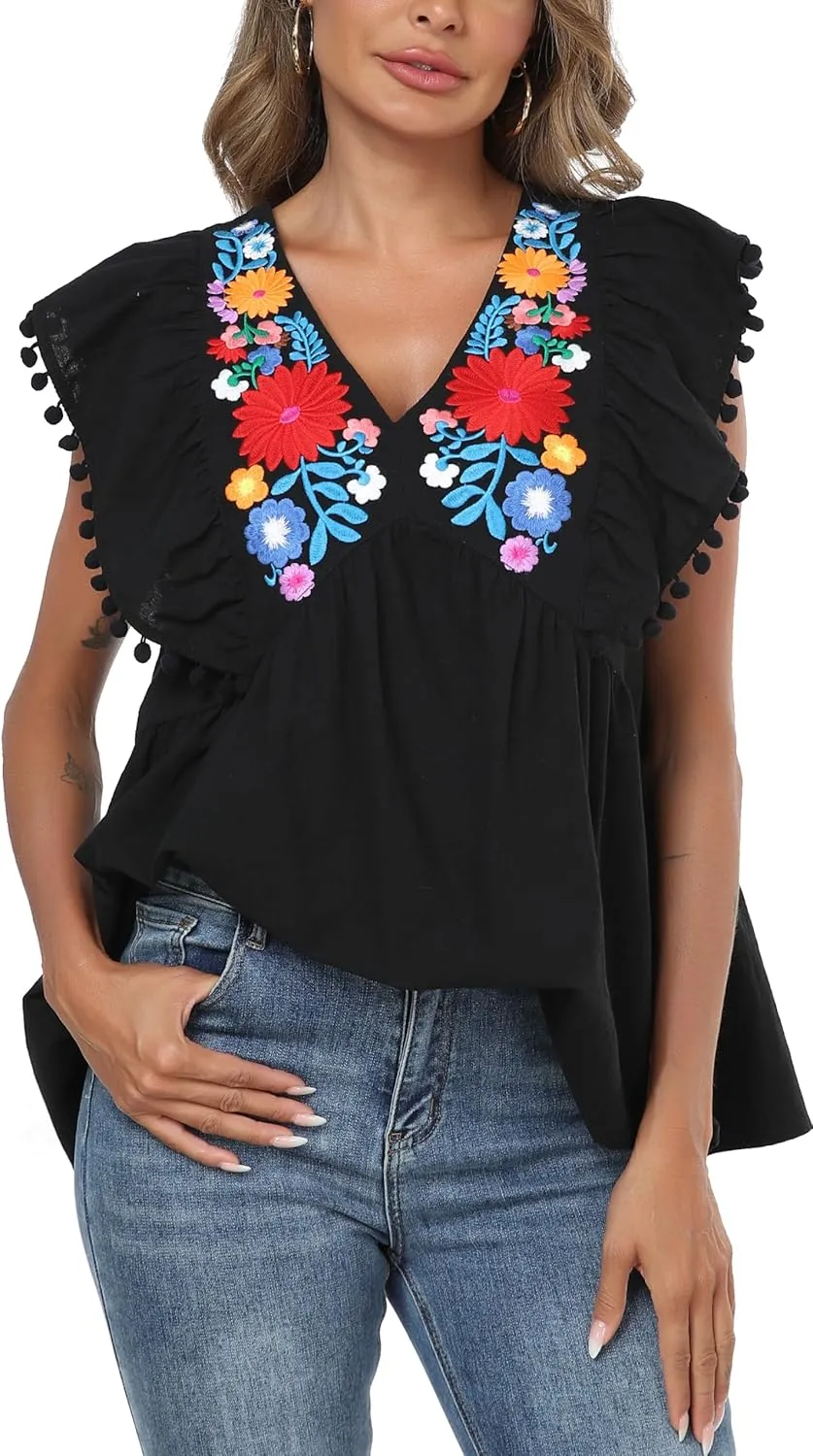 Women's Embroidered Floral Tops Peasant Blouses V Neck Ruffle Cap Sleeve Boho Summer Tops