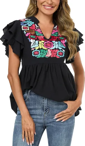 Women's Embroidered Floral Tops Peasant Blouses V Neck Ruffle Cap Sleeve Boho Summer Tops