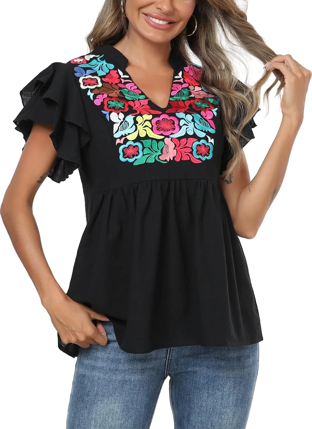 Women's Embroidered Floral Tops Peasant Blouses V Neck Ruffle Cap Sleeve Boho Summer Tops