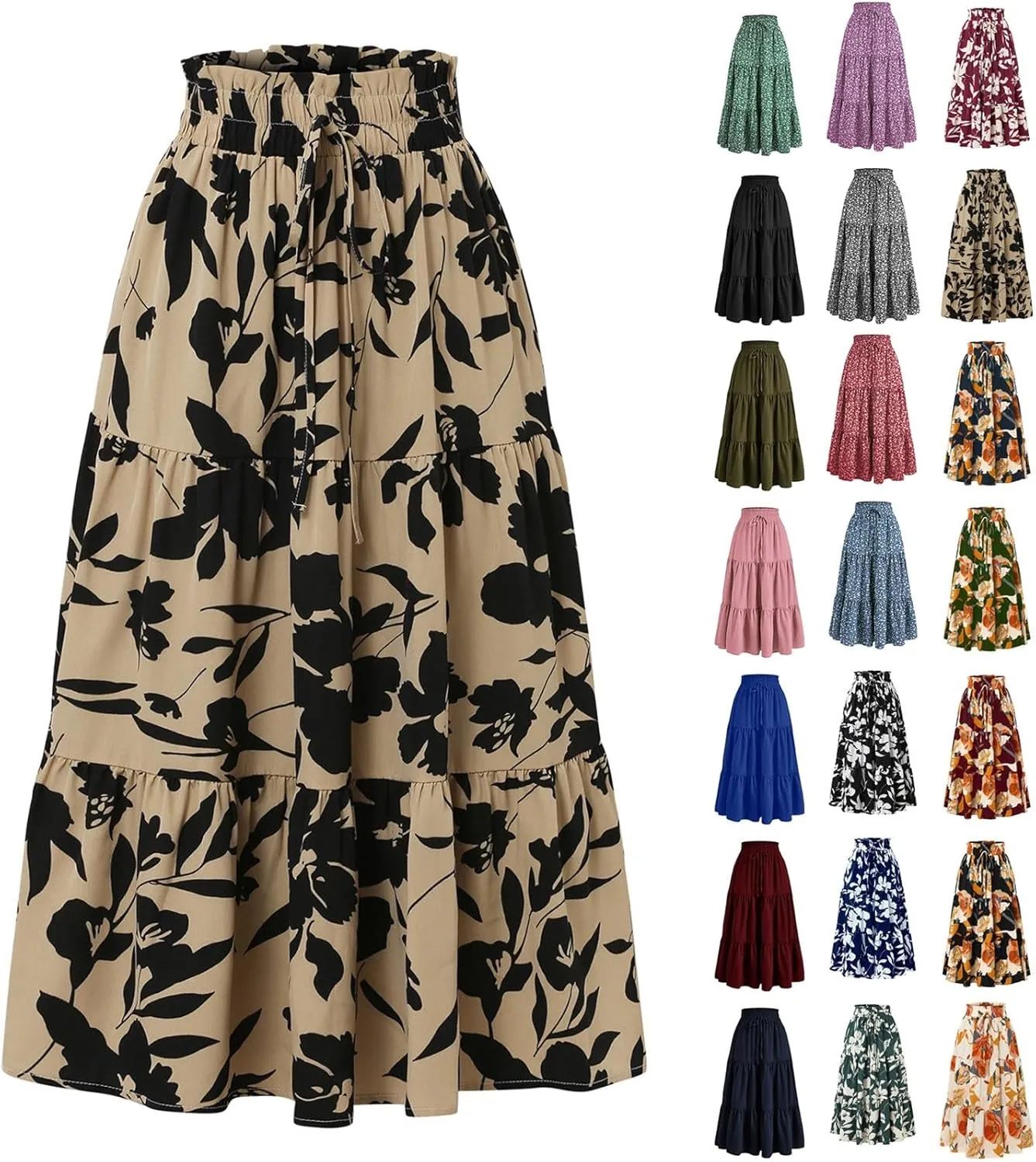Women's Maxi Skirt 2025 Casual Loose Trendy Elastic Waist Floral Print Bohemian Sun A-Line Beach Skirts, S-XL