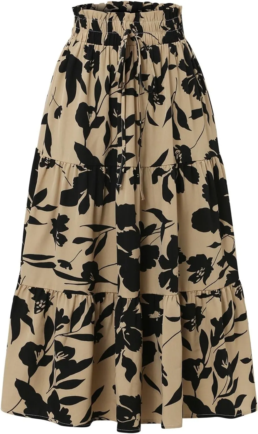 Women's Maxi Skirt 2025 Casual Loose Trendy Elastic Waist Floral Print Bohemian Sun A-Line Beach Skirts, S-XL