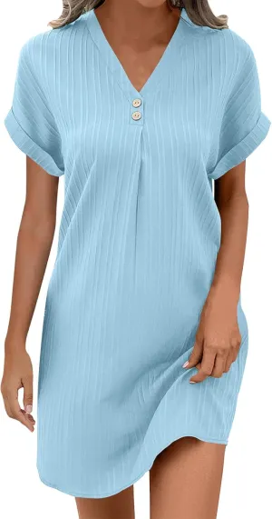 Womens Pleated T Shirt Dresses Summer Vacation Casual Roll Up Short Sleeve Button V Neck Tunic Tee Shirts Mini Dress