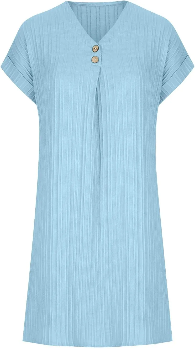 Womens Pleated T Shirt Dresses Summer Vacation Casual Roll Up Short Sleeve Button V Neck Tunic Tee Shirts Mini Dress