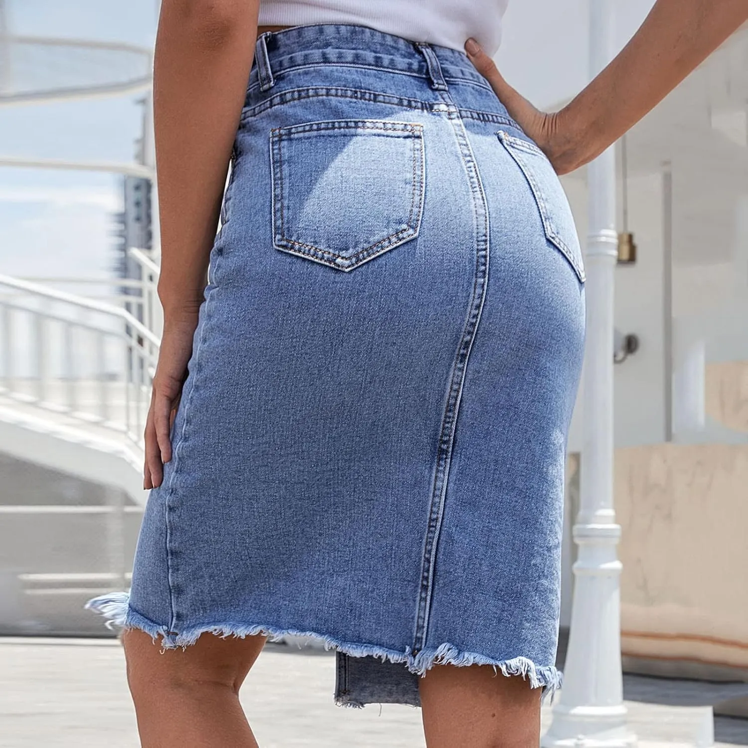 Women's Sexy Slit High Rise Bodycon Knee Length Jean Skirt Summer Denim Midi Skirts High Waisted Split Midi Denim Skirt
