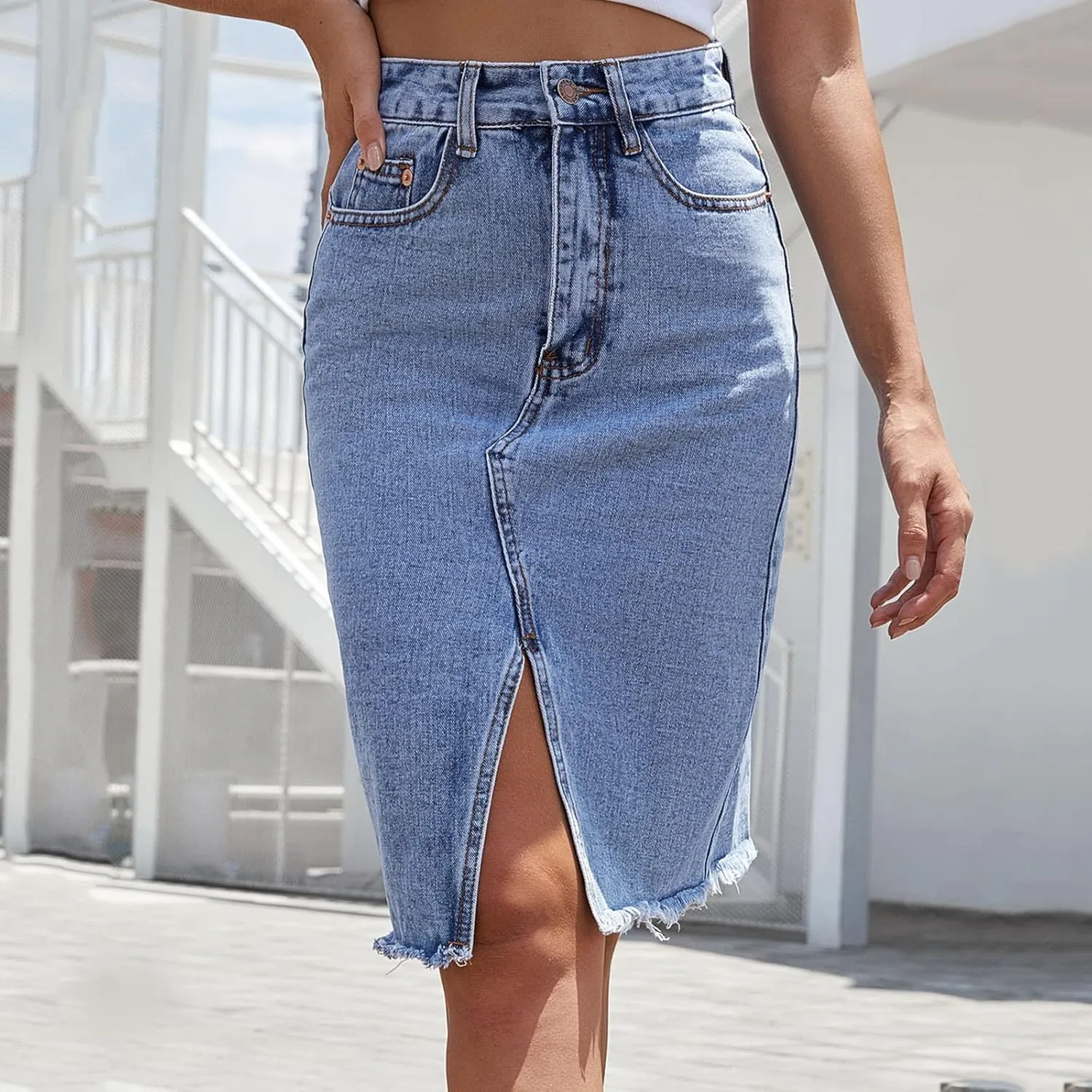 Women's Sexy Slit High Rise Bodycon Knee Length Jean Skirt Summer Denim Midi Skirts High Waisted Split Midi Denim Skirt