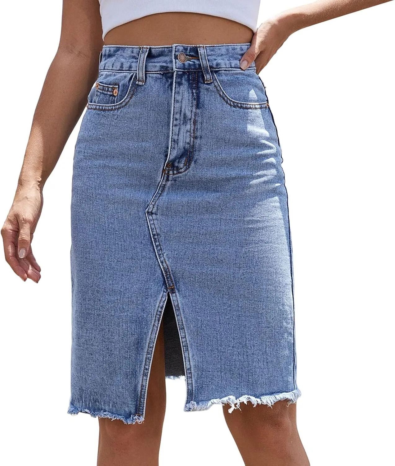 Women's Sexy Slit High Rise Bodycon Knee Length Jean Skirt Summer Denim Midi Skirts High Waisted Split Midi Denim Skirt