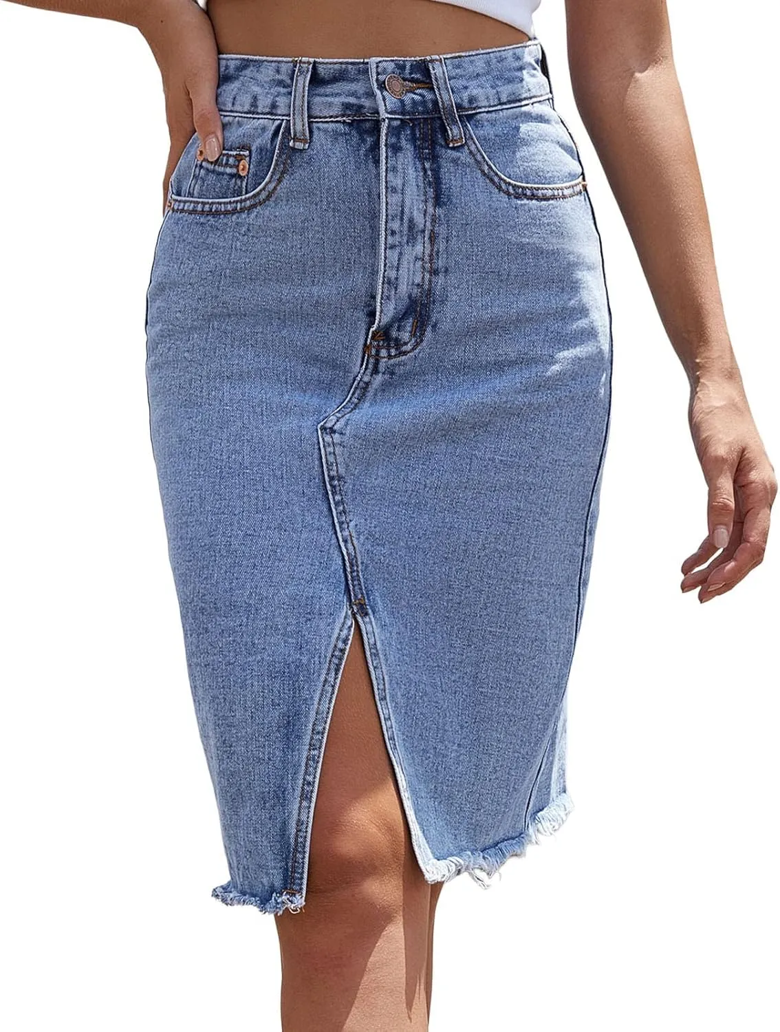 Women's Sexy Slit High Rise Bodycon Knee Length Jean Skirt Summer Denim Midi Skirts High Waisted Split Midi Denim Skirt