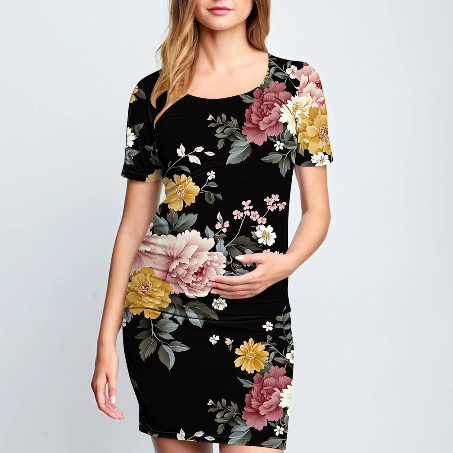 Women's Short Sleeve Maternity Dress Cute Floral Print Summer Casual T-Shirt Dresses Comfy Pregnancy Clothes