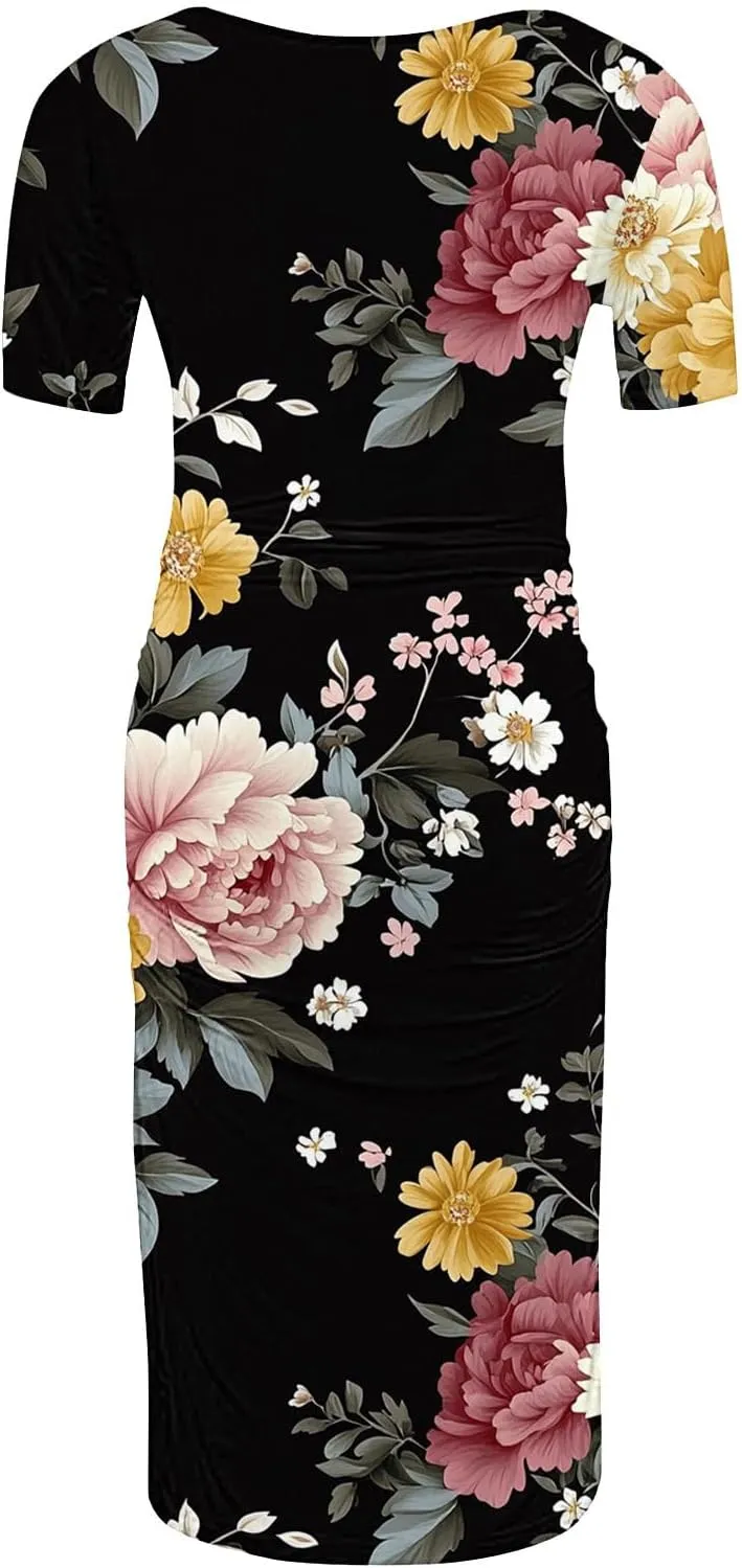 Women's Short Sleeve Maternity Dress Cute Floral Print Summer Casual T-Shirt Dresses Comfy Pregnancy Clothes