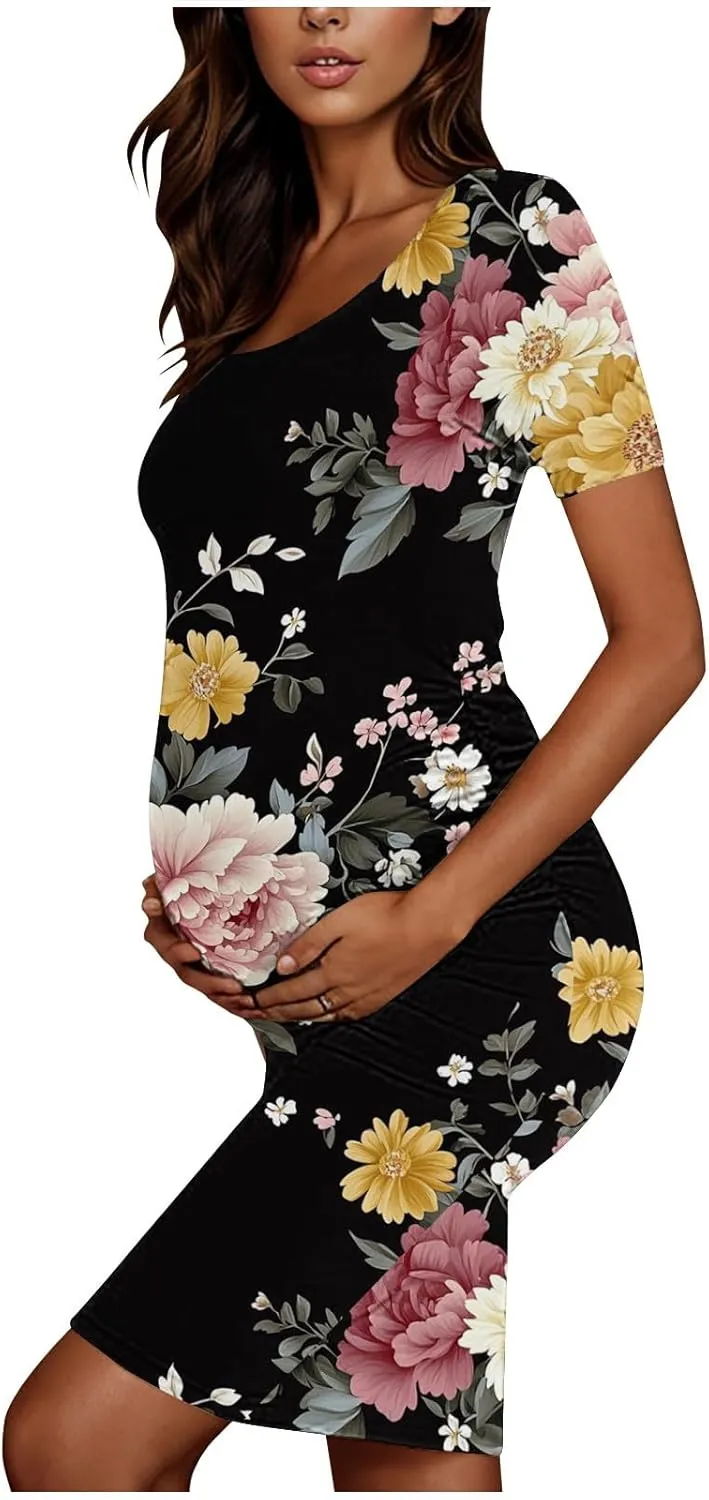 Women's Short Sleeve Maternity Dress Cute Floral Print Summer Casual T-Shirt Dresses Comfy Pregnancy Clothes