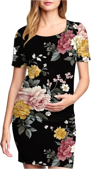 Women's Short Sleeve Maternity Dress Cute Floral Print Summer Casual T-Shirt Dresses Comfy Pregnancy Clothes