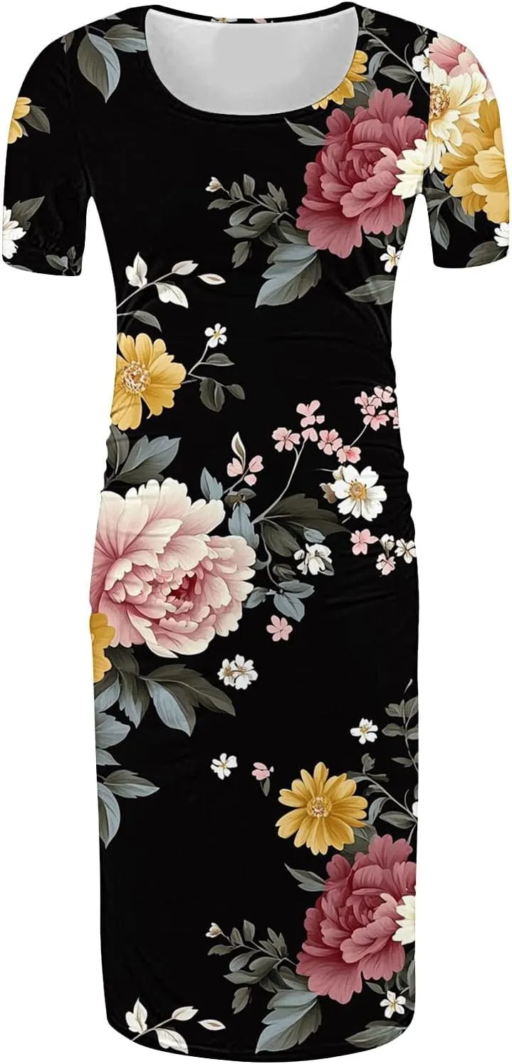 Women's Short Sleeve Maternity Dress Cute Floral Print Summer Casual T-Shirt Dresses Comfy Pregnancy Clothes