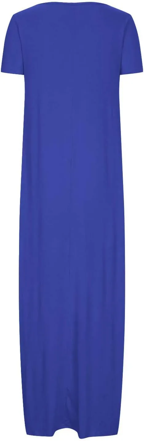 Women's Short Sleeve Maxi Dress Summer Casual T Shirt Dresses Scoop Neck Loose Fit Casual Long Sundress with Pocket