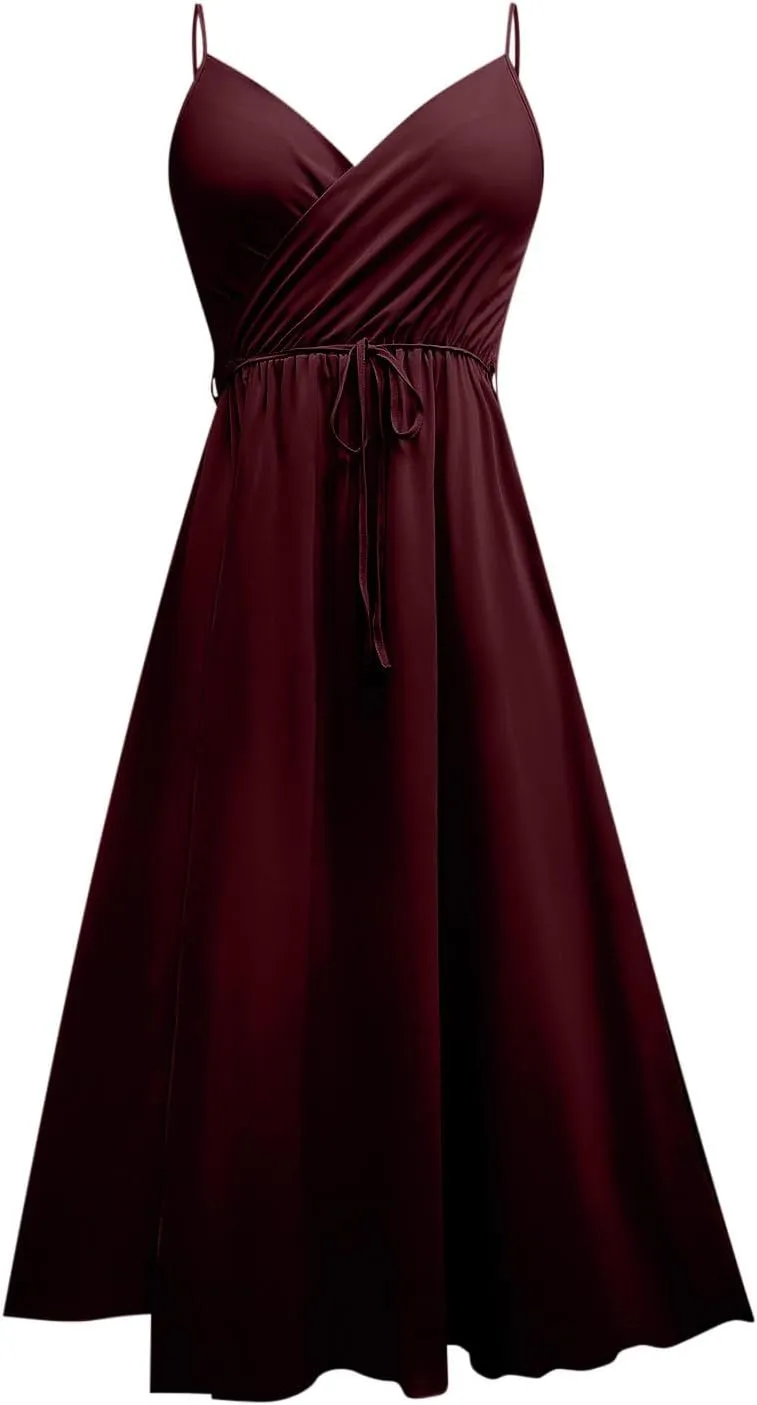 Women's Spaghetti Strap Ruched Wrap Tie Waist Pleated Front Split A Line Midi Dress Summer Cocktail Wedding Guest Dress