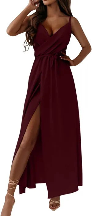 Women's Spaghetti Strap Ruched Wrap Tie Waist Pleated Front Split A Line Midi Dress Summer Cocktail Wedding Guest Dress
