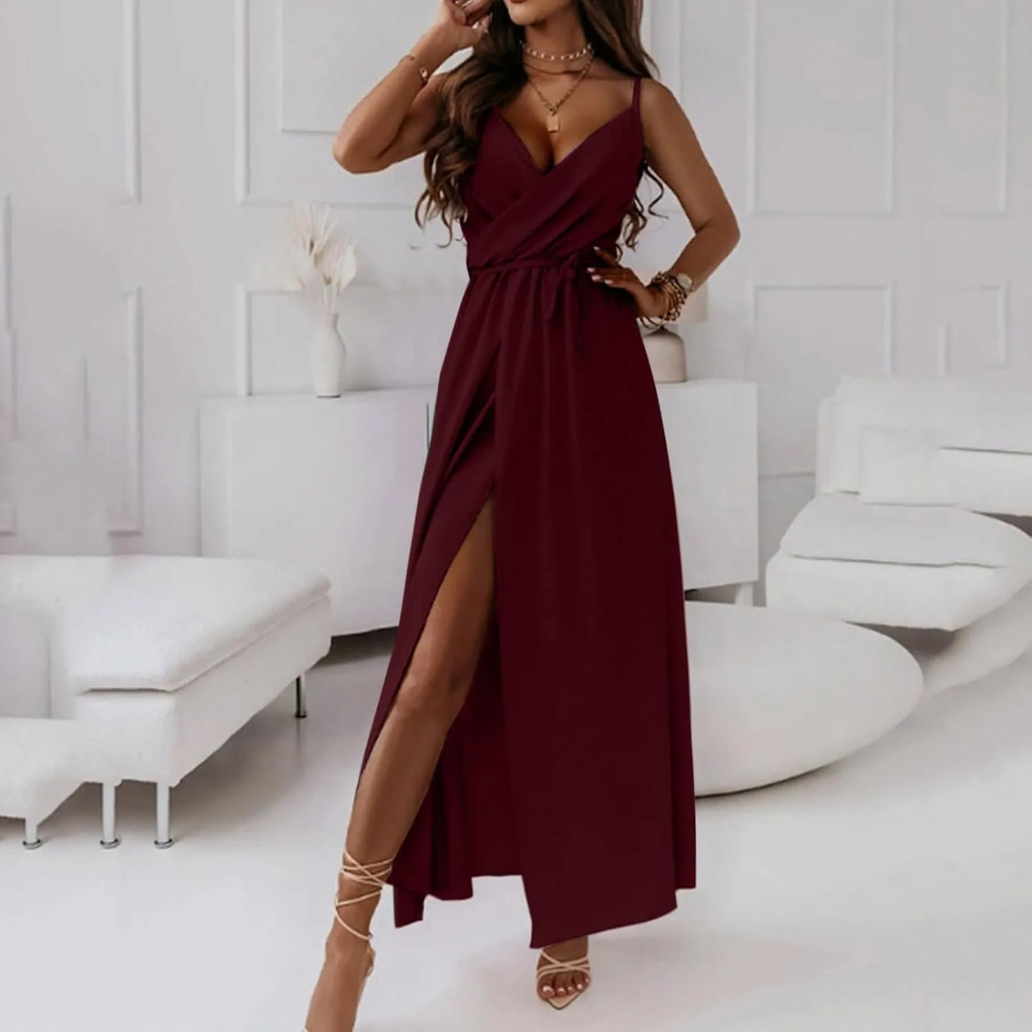 Women's Spaghetti Strap Ruched Wrap Tie Waist Pleated Front Split A Line Midi Dress Summer Cocktail Wedding Guest Dress