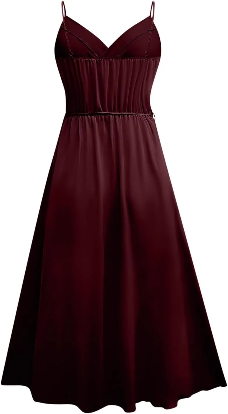 Women's Spaghetti Strap Ruched Wrap Tie Waist Pleated Front Split A Line Midi Dress Summer Cocktail Wedding Guest Dress